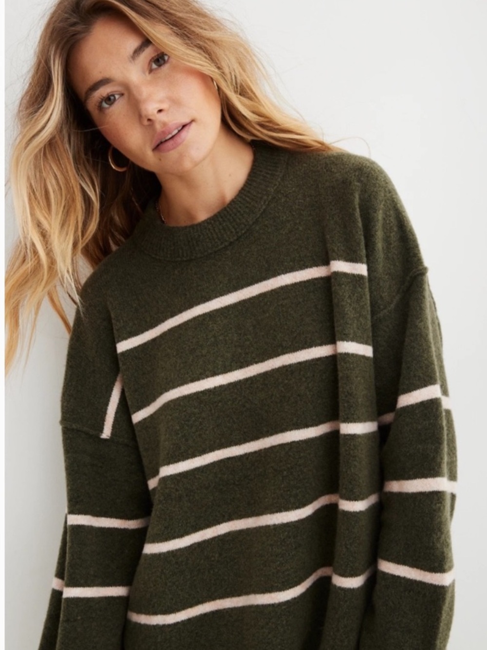 Aerie Unreal Striped Sweater Green and Cream - Picture 1 of 1